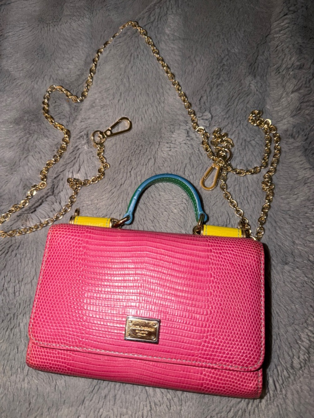 Preloved Dolce n Gabbana Sicily Bright Pink n yellow Mini Crossbody Handbag .